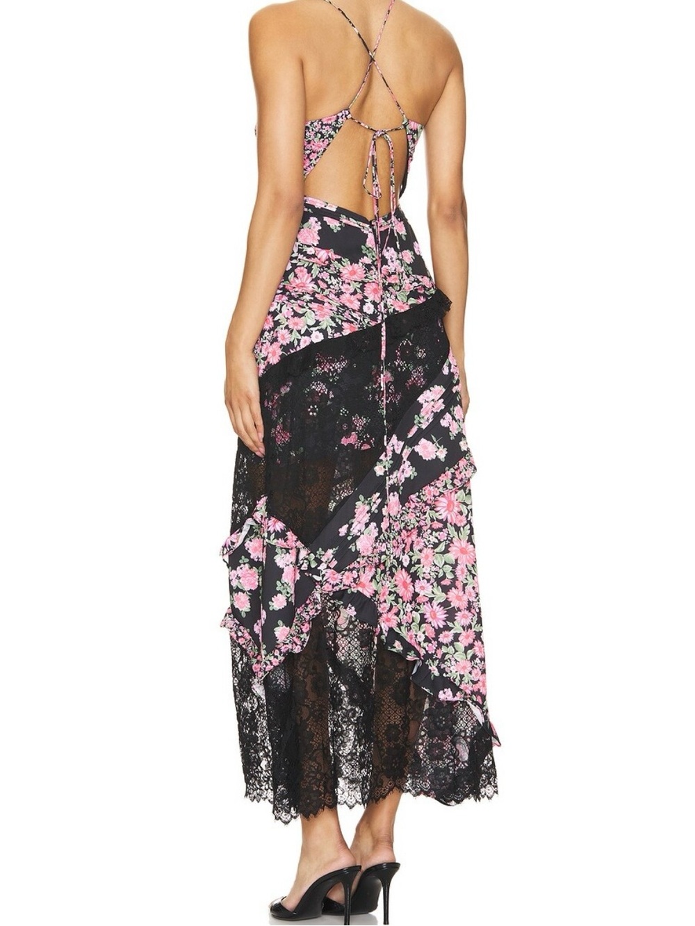 For Love And Lemons Black and Pink Floral Lace-Panel Maxi Dress - Picture 2 of 8